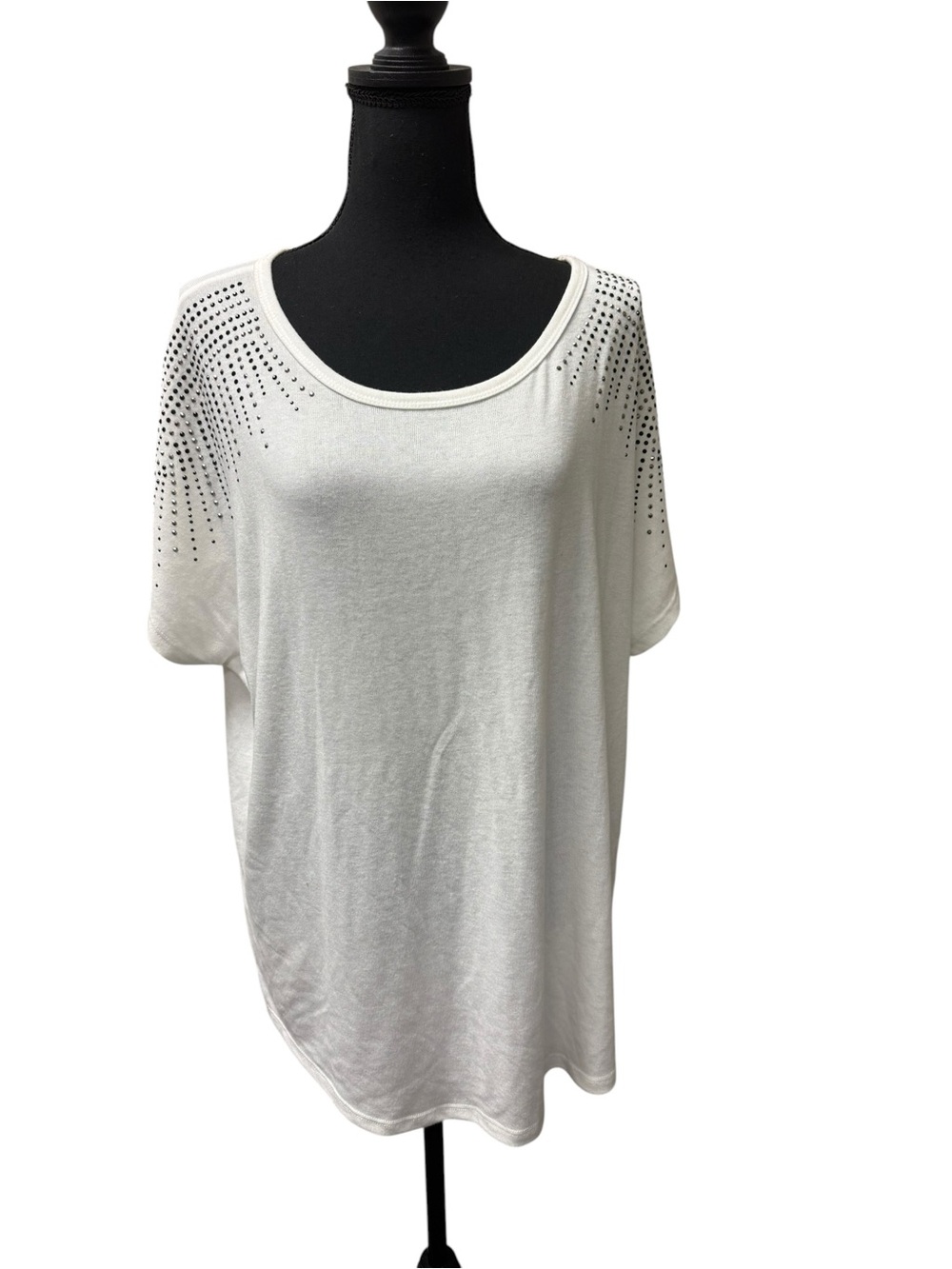 Vocal USA White Rhinestone Studded Dolman Top Plus 1XL Glam Casual Chic